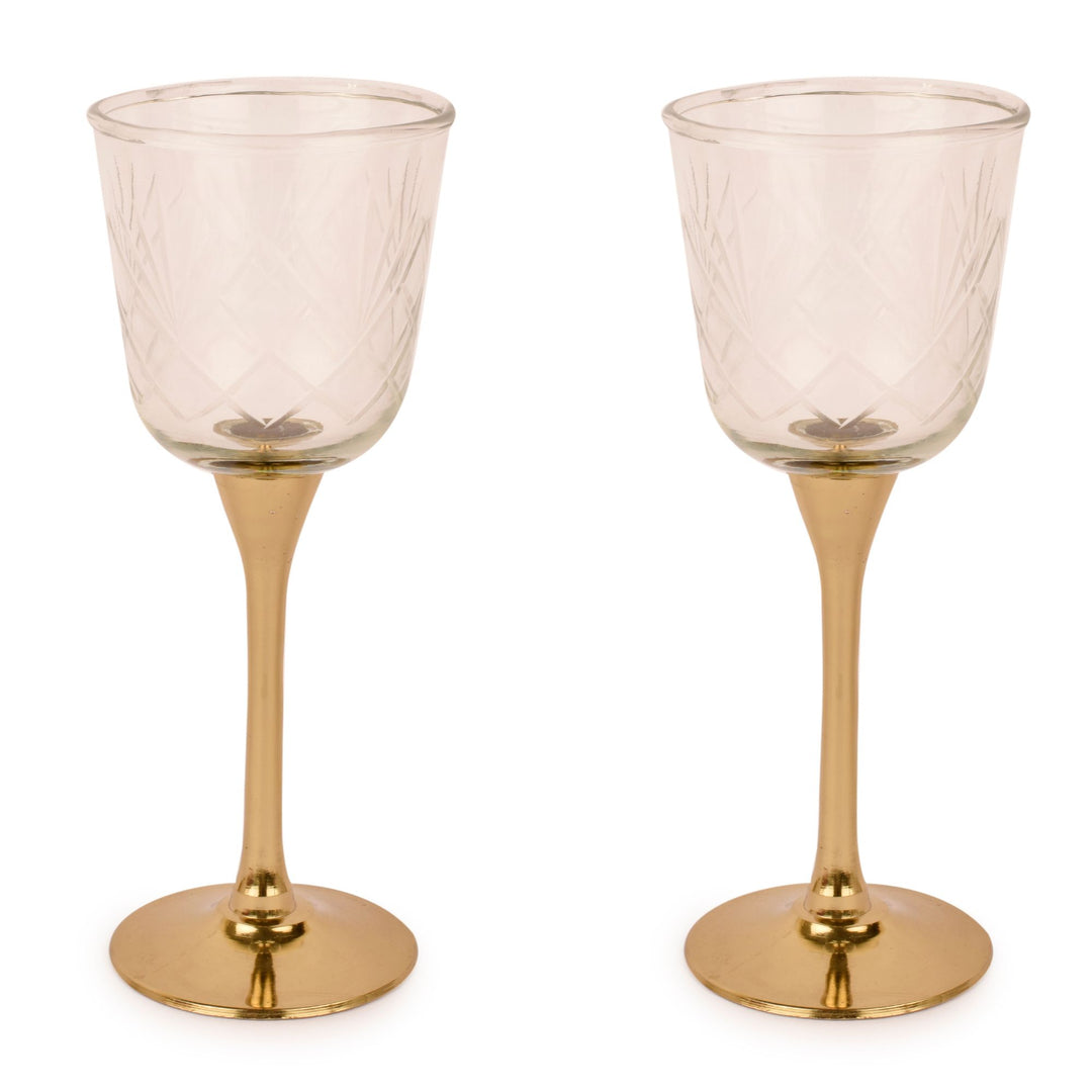 Gold Finish Brass and Glass Goblets | Dining Room Decor | Set Of 2 | 7.5 Inches