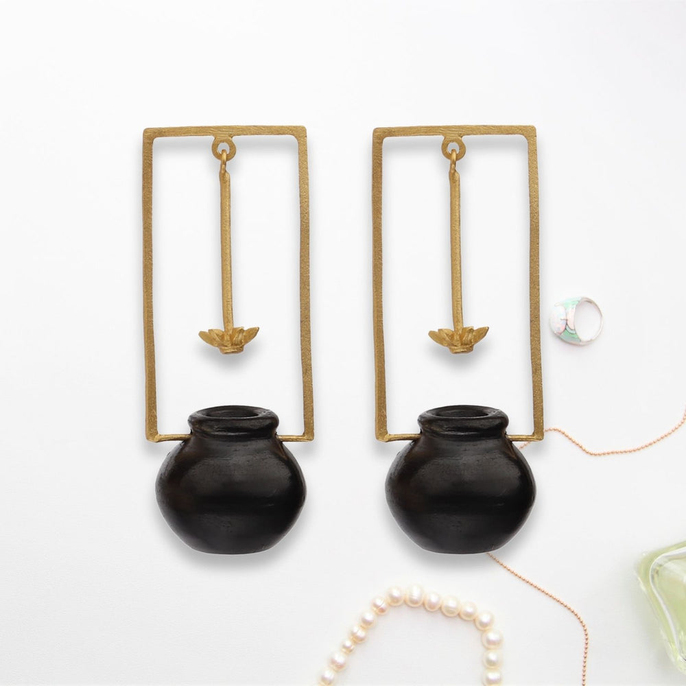 Mathni Brass Earring | 22 Kt Gold Plated | Black Pottery Craft | Statement Piece
