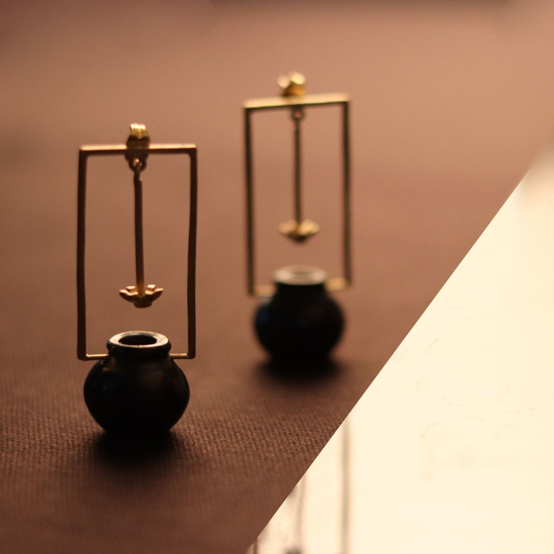 Mathni Brass Earring | 22 Kt Gold Plated | Black Pottery Craft | Statement Piece