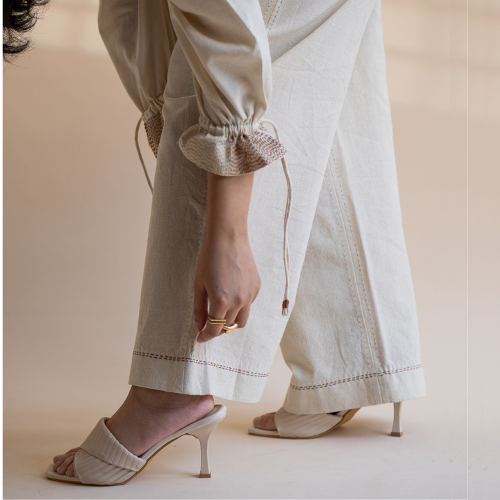 Meticulously Designed Straight Pants | Raw Ivory Shade | Subtle Kantha