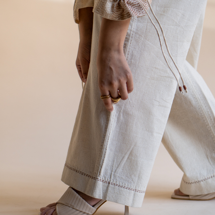 Meticulously Designed Straight Pants | Raw Ivory Shade | Subtle Kantha