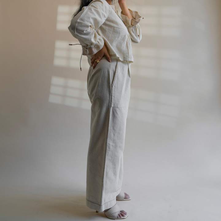 Meticulously Designed Straight Pants | Raw Ivory Shade | Subtle Kantha