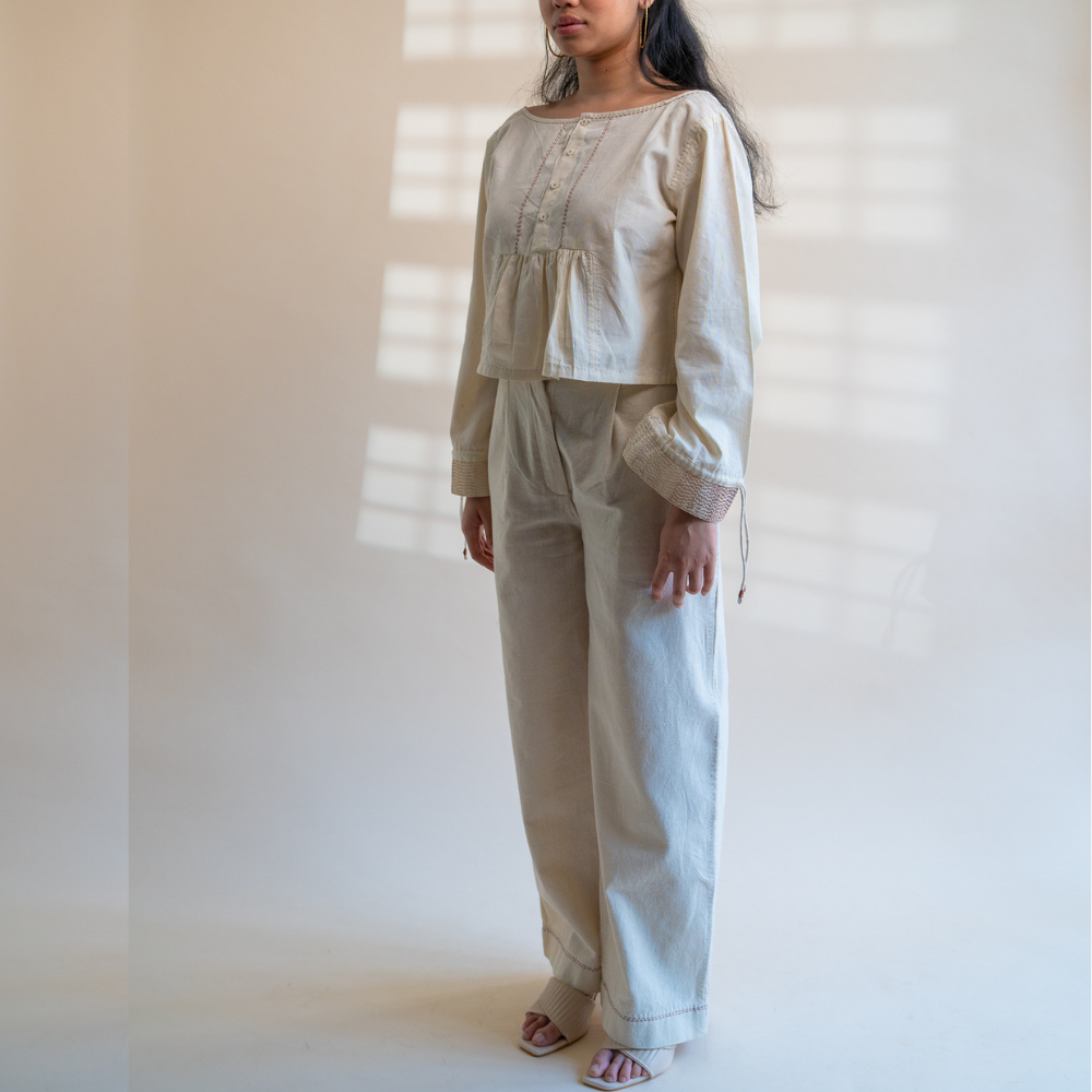 Meticulously Designed Straight Pants | Raw Ivory Shade | Subtle Kantha