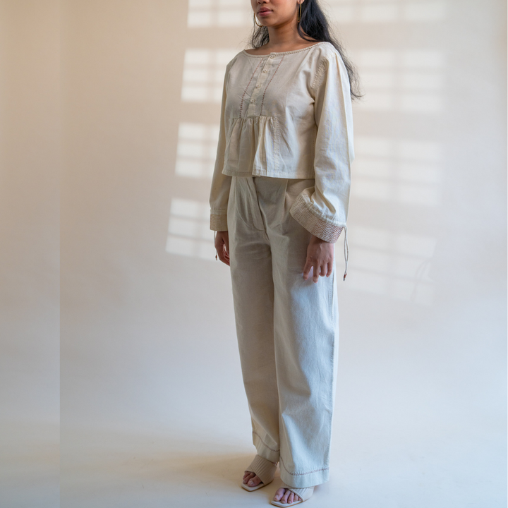 Meticulously Designed Straight Pants | Raw Ivory Shade | Subtle Kantha