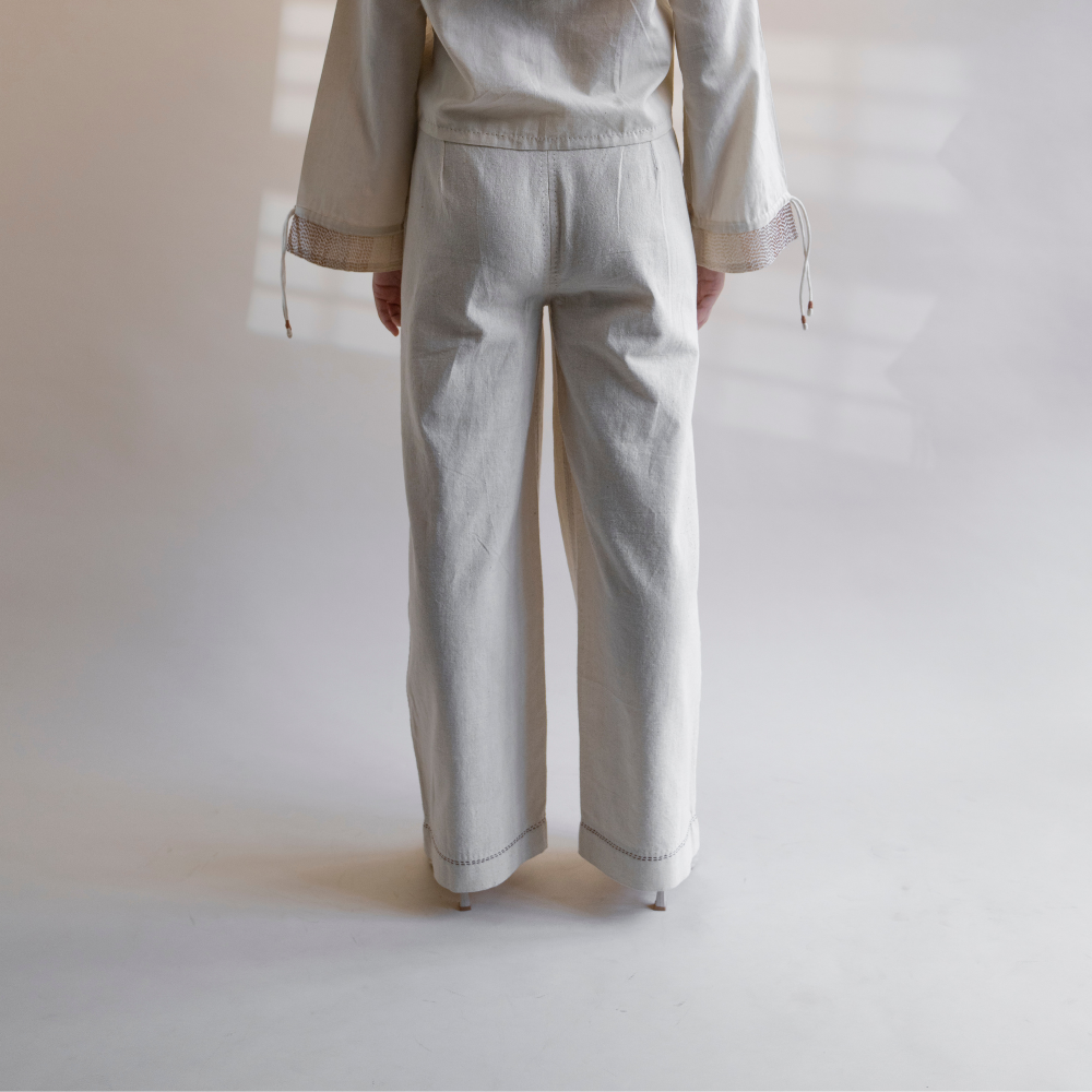 Meticulously Designed Straight Pants | Raw Ivory Shade | Subtle Kantha
