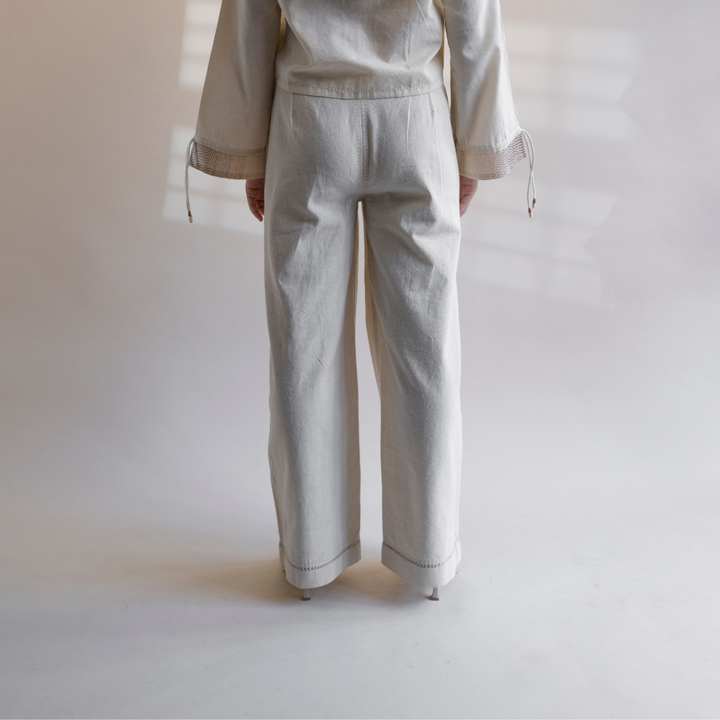 Meticulously Designed Straight Pants | Raw Ivory Shade | Subtle Kantha