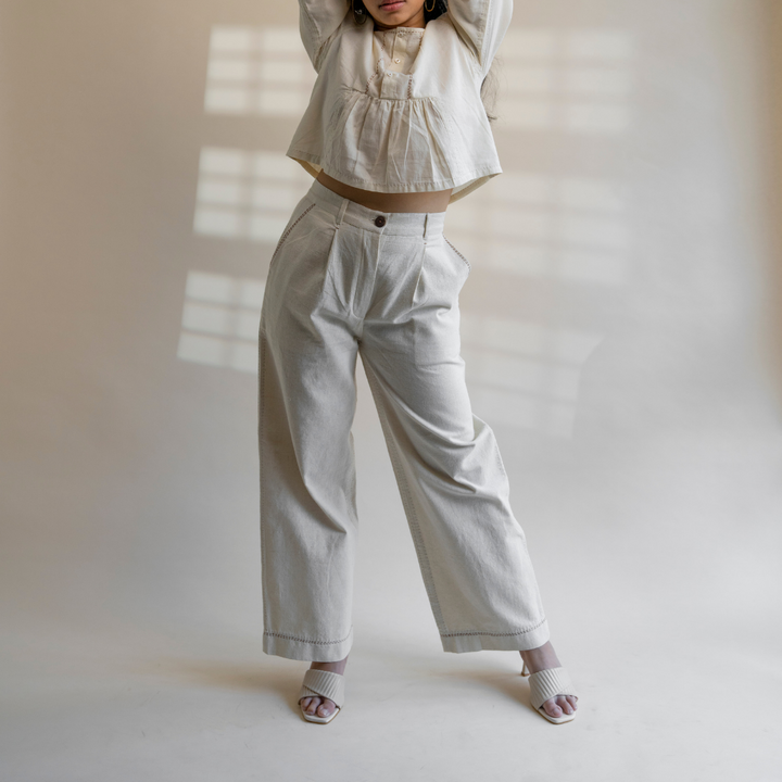 Meticulously Designed Straight Pants | Raw Ivory Shade | Subtle Kantha