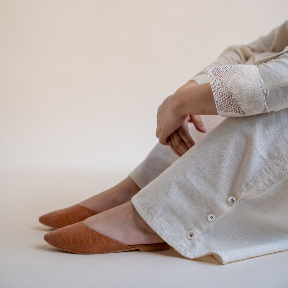 Pant With Side Slit | Crafted with Kantha Detailing | Earthy Ivory