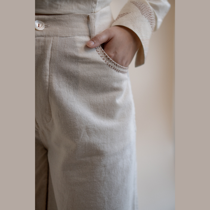 Pant With Side Slit | Crafted with Kantha Detailing | Earthy Ivory