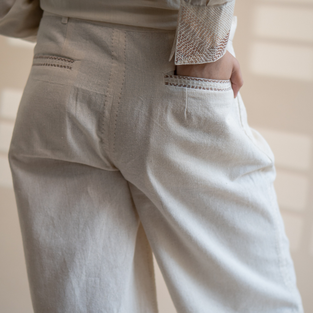 Pant With Side Slit | Crafted with Kantha Detailing | Earthy Ivory