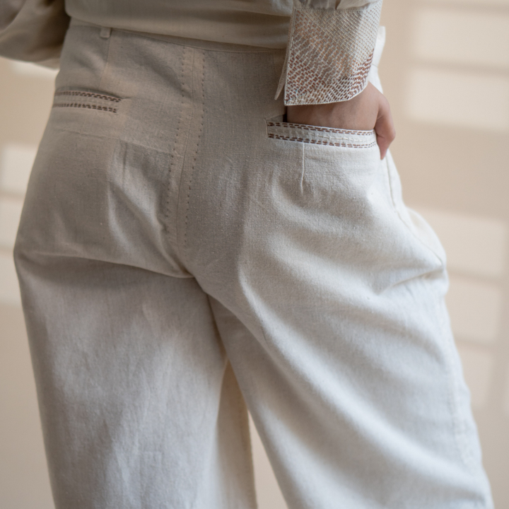 Pant With Side Slit | Crafted with Kantha Detailing | Earthy Ivory