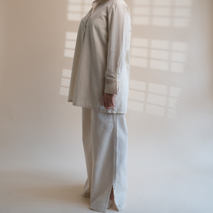 Pant With Side Slit | Crafted with Kantha Detailing | Earthy Ivory