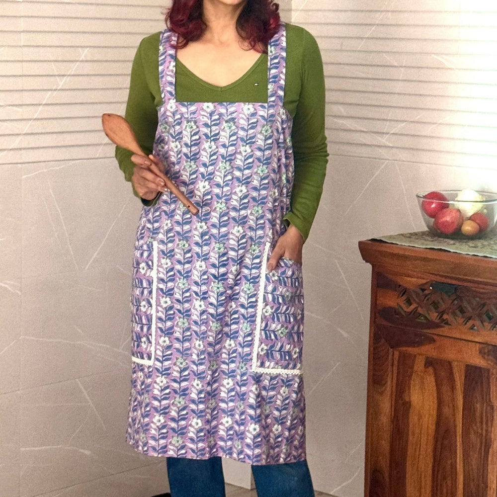 Purple Floral Block-Print Apron with Side Pockets | Sanganeri Hand Block Print