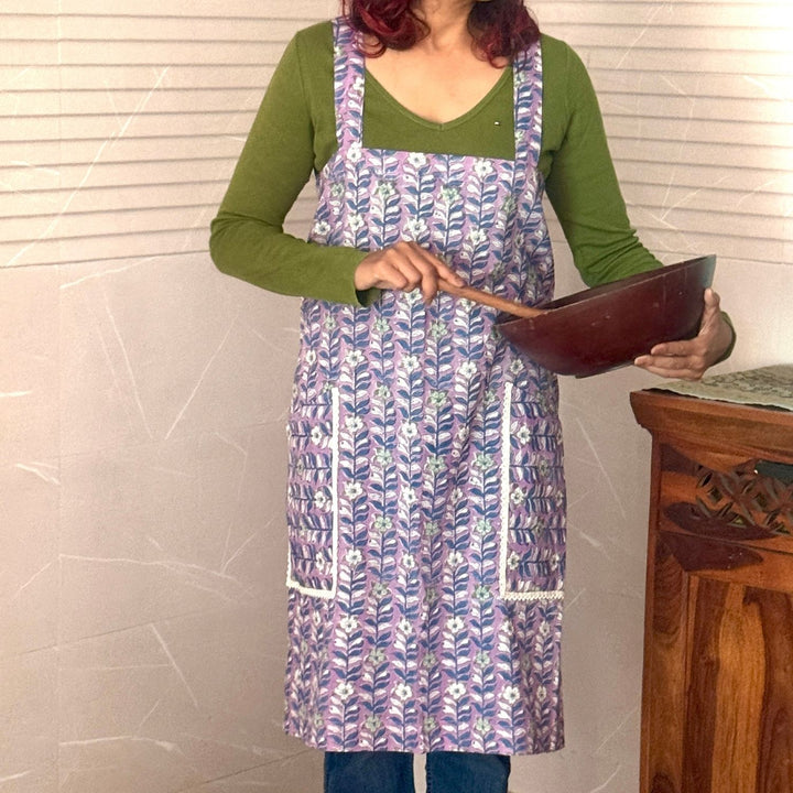 Purple Floral Block-Print Apron with Side Pockets | Sanganeri Hand Block Print