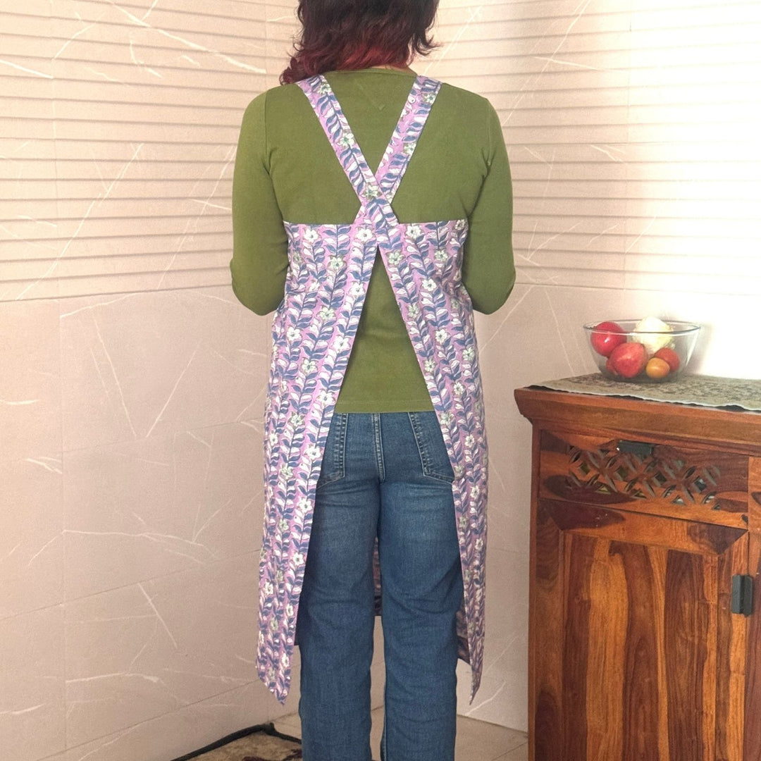Purple Floral Block-Print Apron with Side Pockets | Sanganeri Hand Block Print