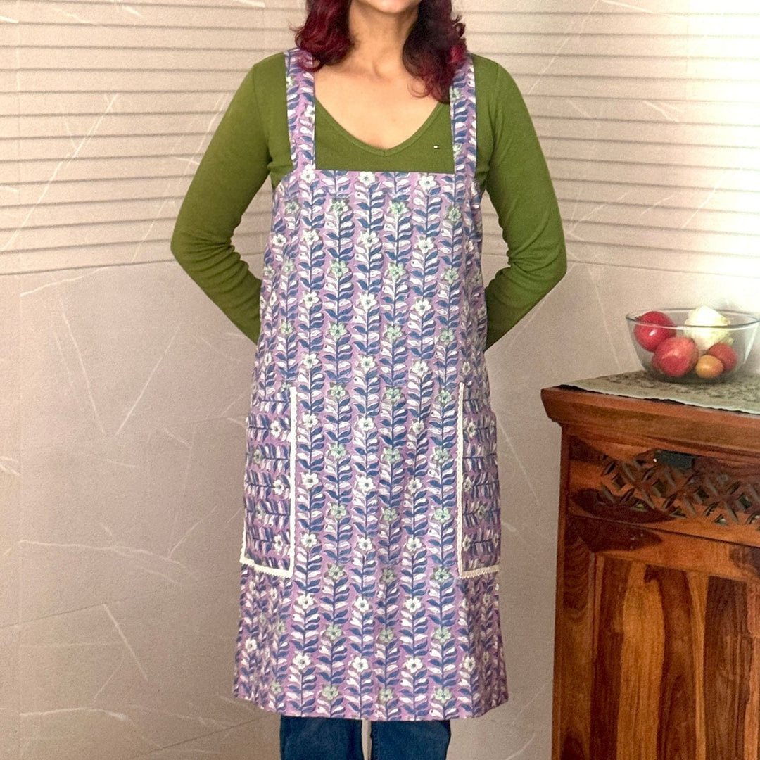 Purple Floral Block-Print Apron with Side Pockets | Sanganeri Hand Block Print