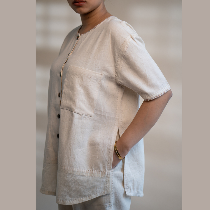 Relaxed Tunic Top in Ivory Tone | Versatile | Detailed in Kantha