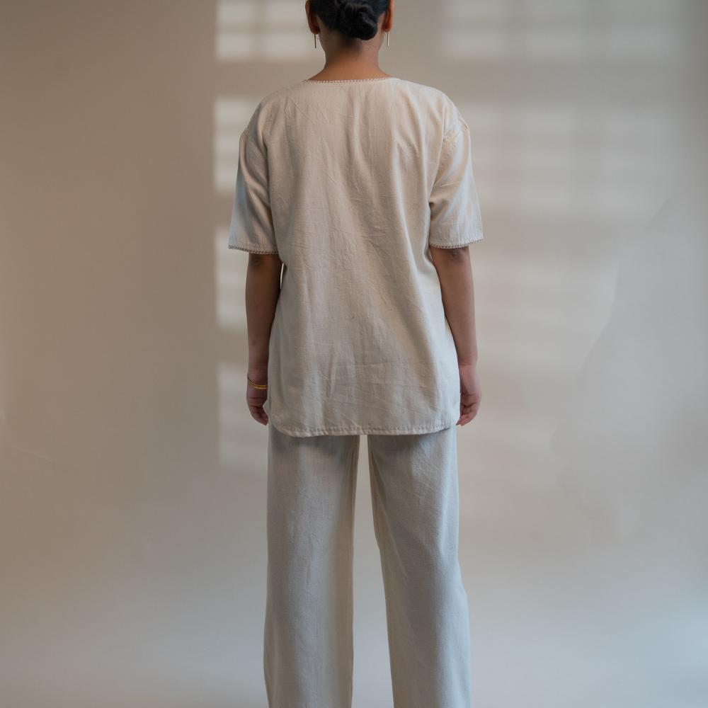 Relaxed Tunic Top in Ivory Tone | Versatile | Detailed in Kantha