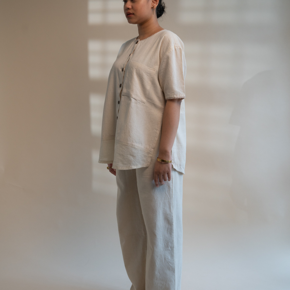 Relaxed Tunic Top in Ivory Tone | Versatile | Detailed in Kantha