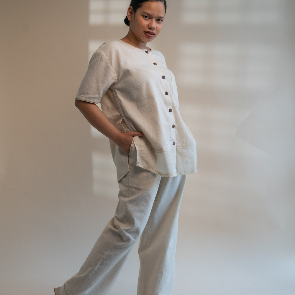 Relaxed Tunic Top in Ivory Tone | Versatile | Detailed in Kantha