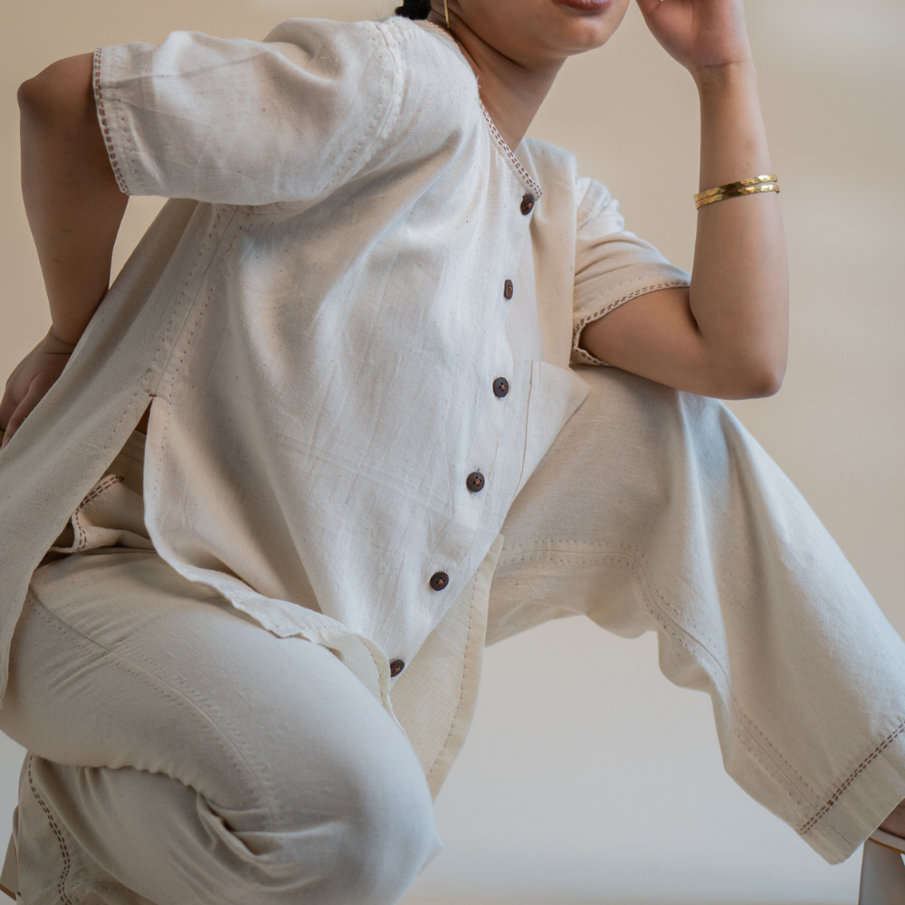 Relaxed Tunic Top in Ivory Tone | Versatile | Detailed in Kantha