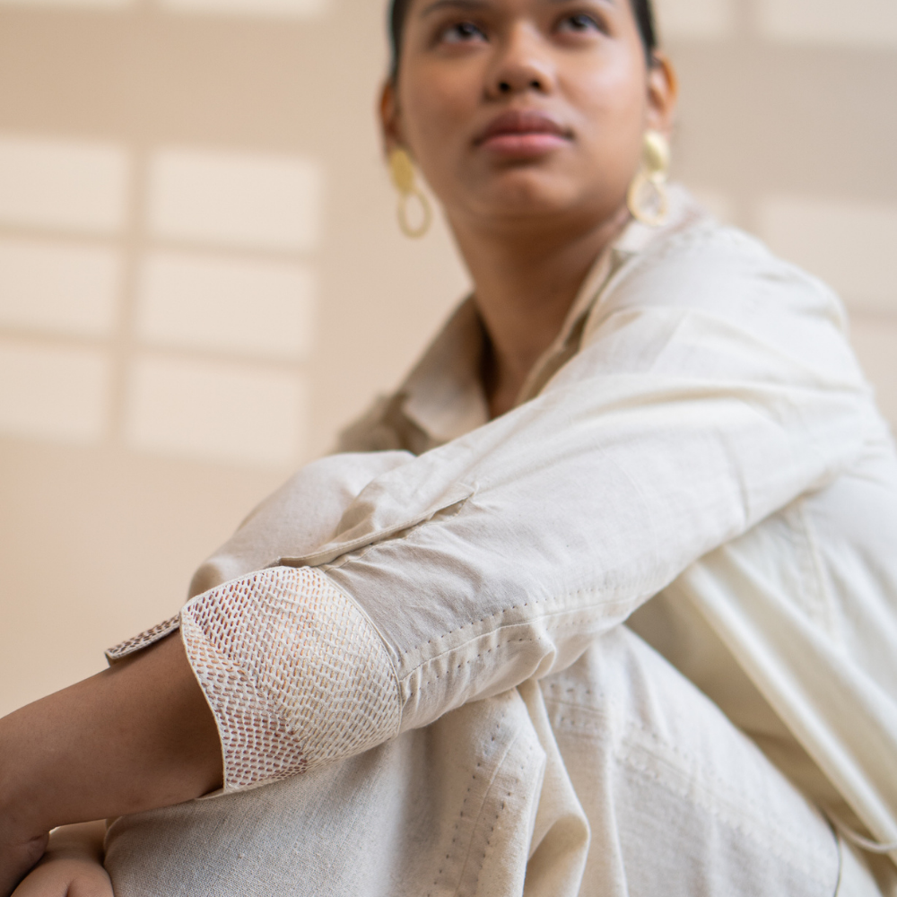 String Clinched Shirt | Accented with Kantha Craft | Earthy Ivory Colour