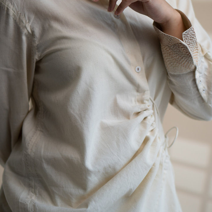 String Clinched Shirt | Accented with Kantha Craft | Earthy Ivory Colour