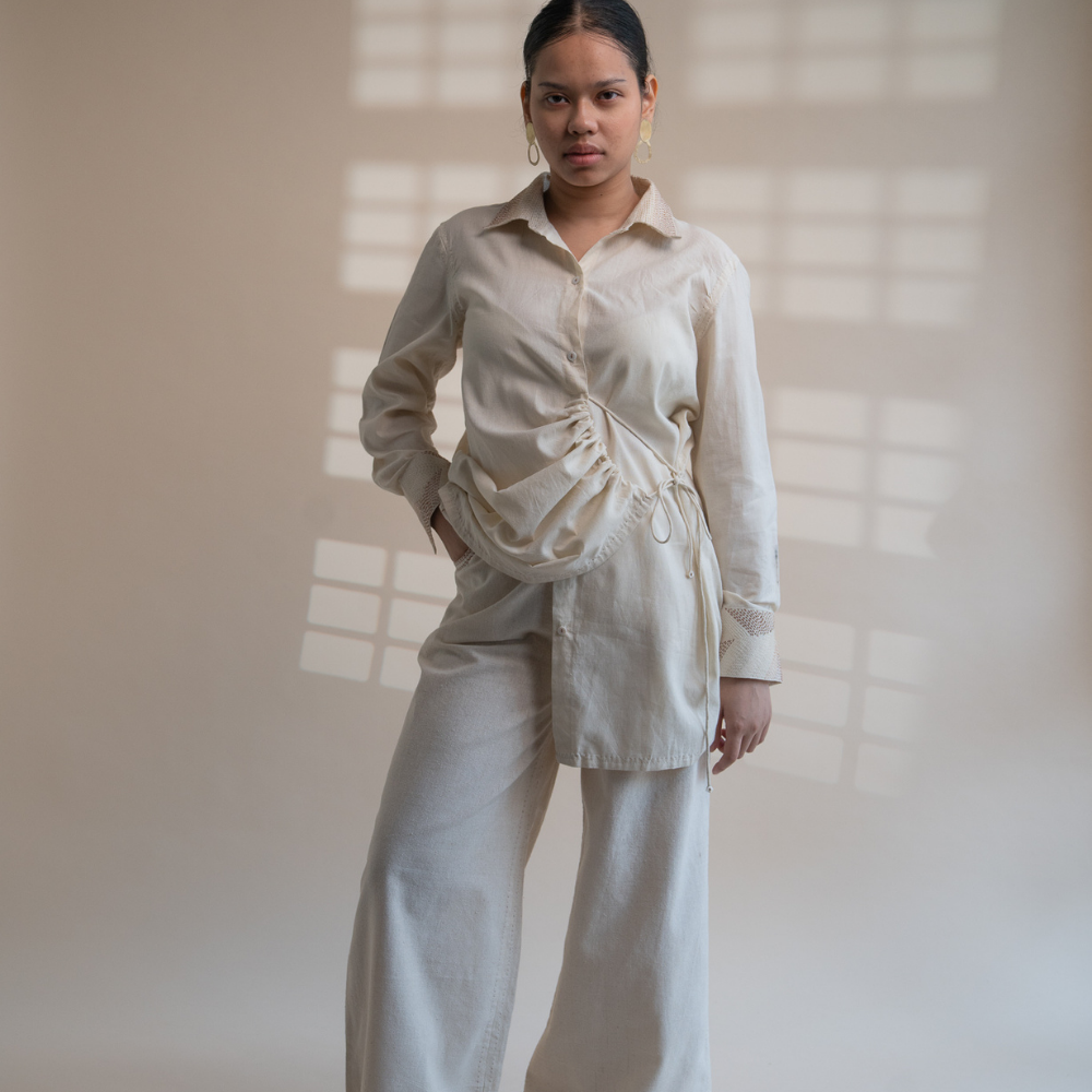 String Clinched Shirt | Accented with Kantha Craft | Earthy Ivory Colour