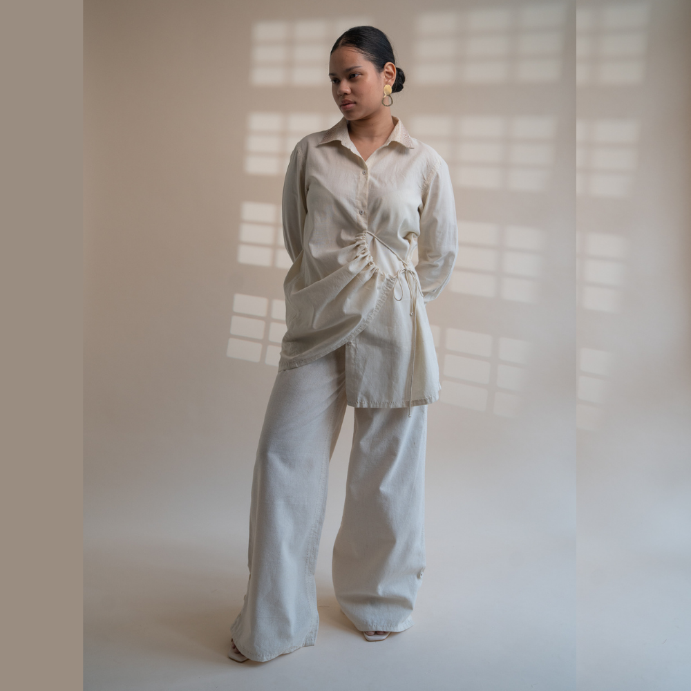 String Clinched Shirt | Accented with Kantha Craft | Earthy Ivory Colour