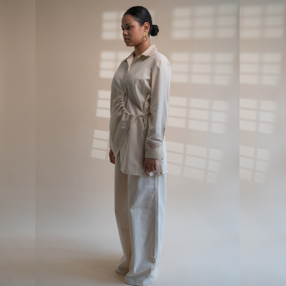 String Clinched Shirt | Accented with Kantha Craft | Earthy Ivory Colour