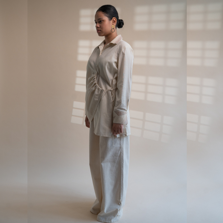 String Clinched Shirt | Accented with Kantha Craft | Earthy Ivory Colour