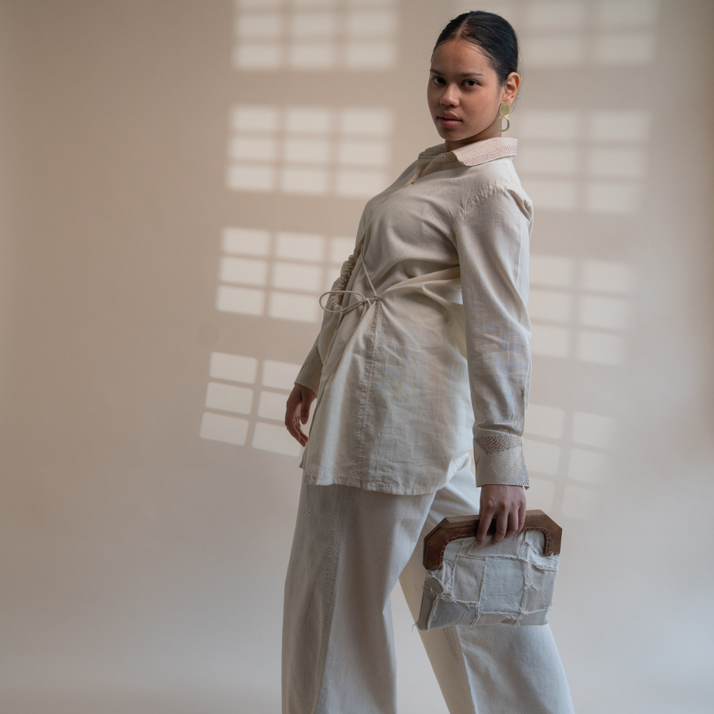 String Clinched Shirt | Accented with Kantha Craft | Earthy Ivory Colour