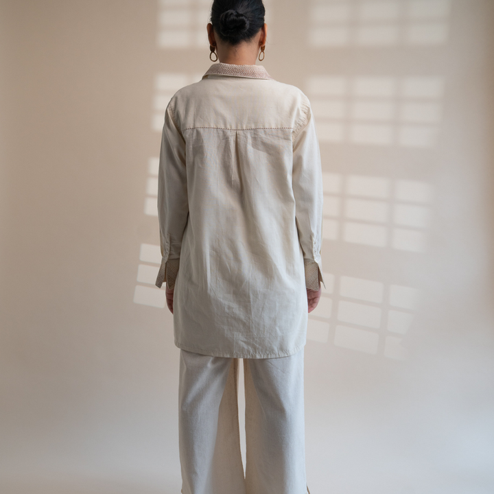 String Clinched Shirt | Accented with Kantha Craft | Earthy Ivory Colour