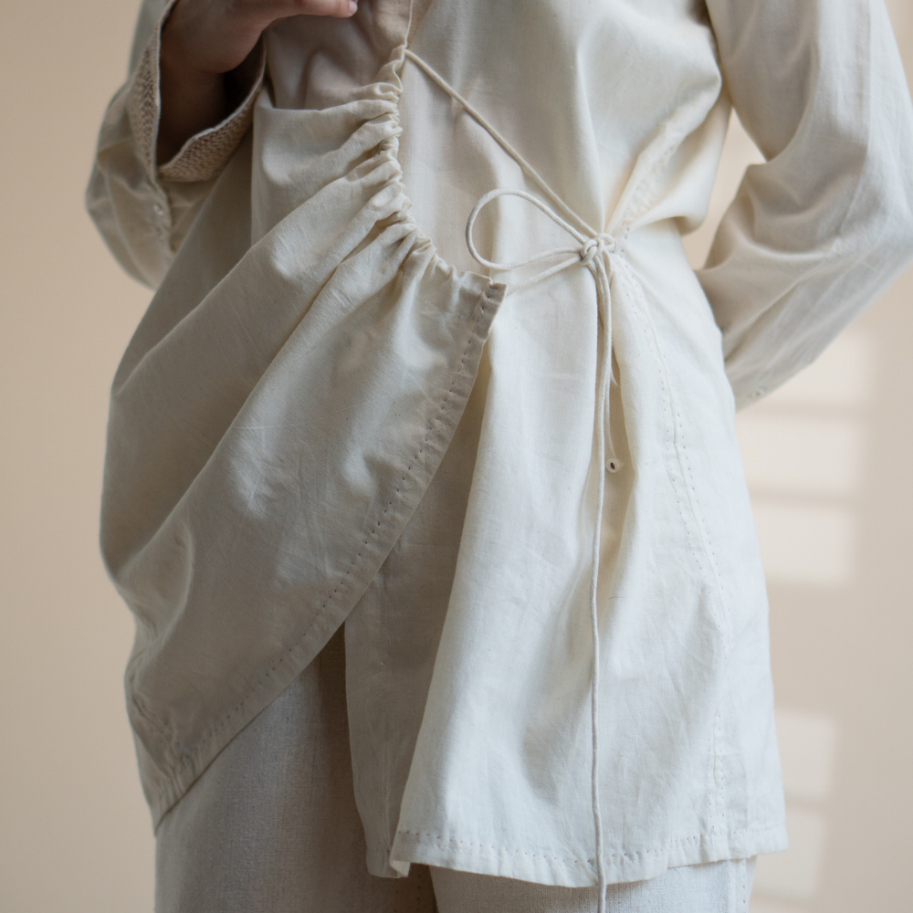 String Clinched Shirt | Accented with Kantha Craft | Earthy Ivory Colour