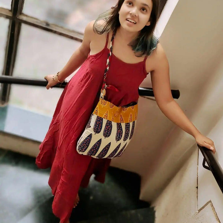 Braided Sling Bag For Women | Ethnic Hand Block Printed | Blue And Off-White