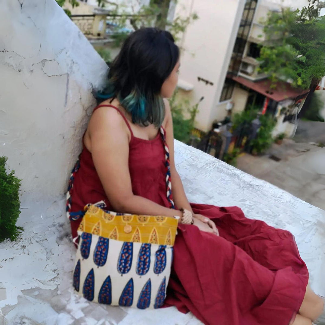 Braided Sling Bag For Women | Ethnic Hand Block Printed | Blue And Off-White