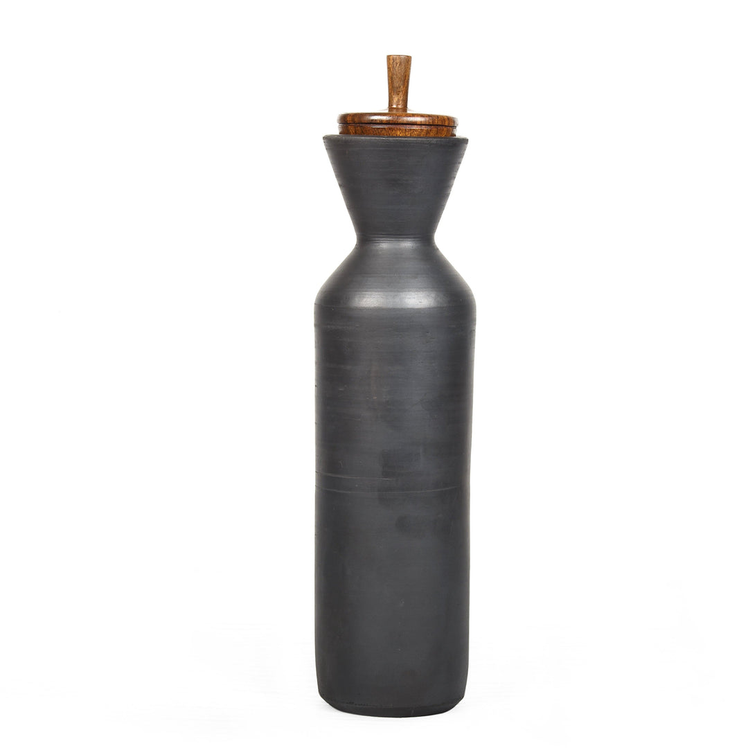 Black Terracotta Maahi Kool Water Bottle With Wooden Lid | Earthen Clay
