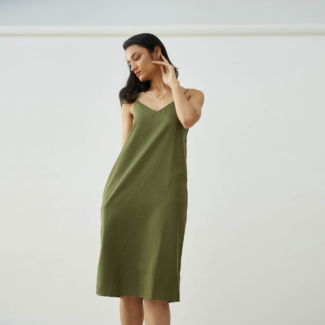 Rust Overlay With Olive Green Dress | Casual Lunch Dress | Set Of 2
