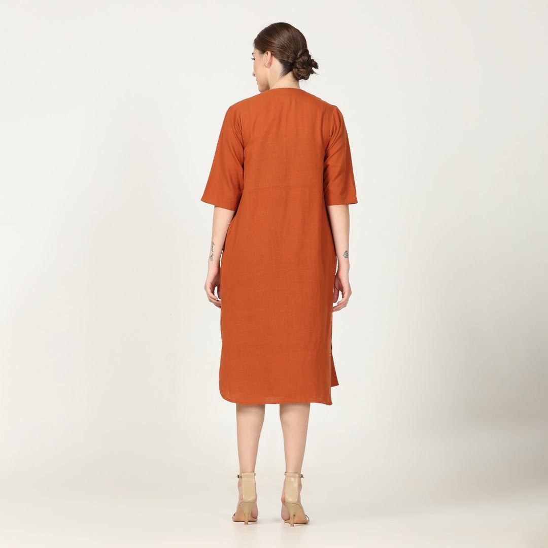 Rust Overlay With Olive Green Dress | Casual Lunch Dress | Set Of 2