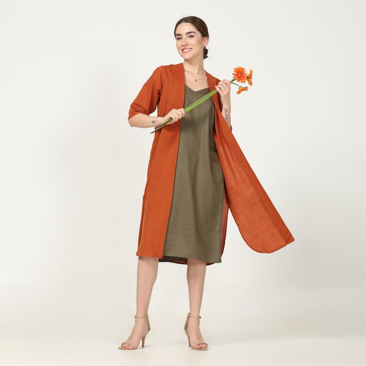 Rust Overlay With Olive Green Dress | Casual Lunch Dress | Set Of 2