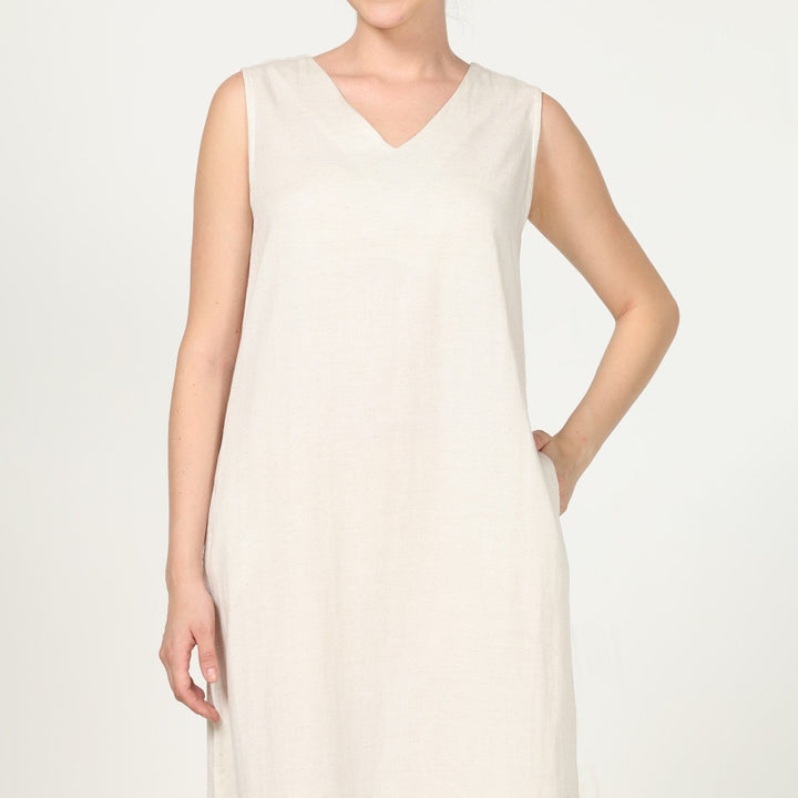 Sleeveless Shift Tunic V Neck Dress In Off-White | Linen | Hand-Crafted