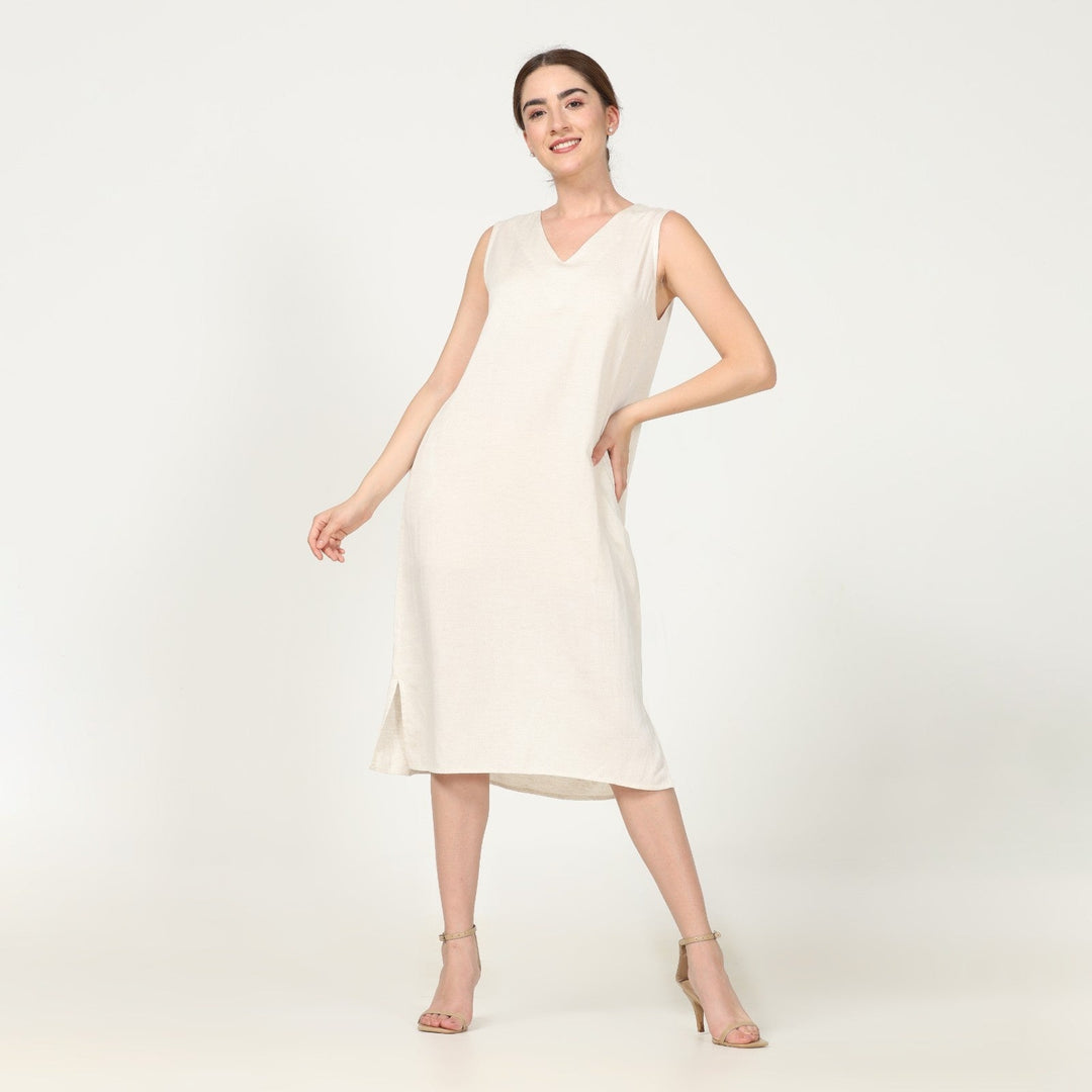Sleeveless Shift Tunic V Neck Dress In Off-White | Linen | Hand-Crafted