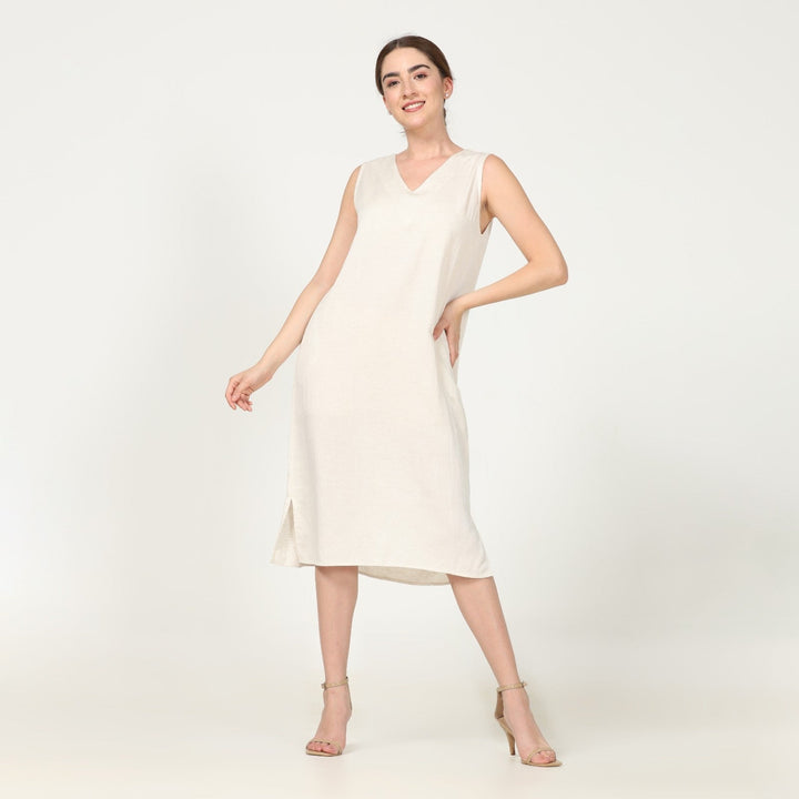 Sleeveless Shift Tunic V Neck Dress In Off-White | Linen | Hand-Crafted