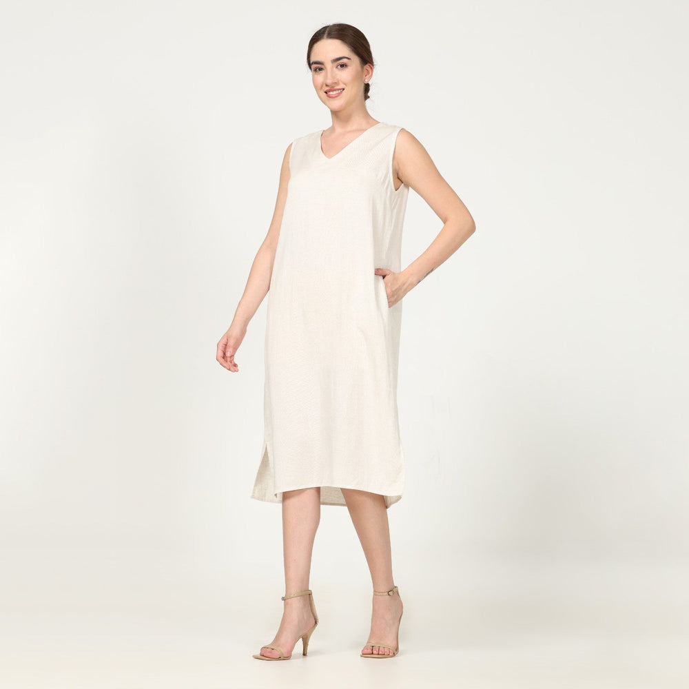 Sleeveless Shift Tunic V Neck Dress In Off-White | Linen | Hand-Crafted
