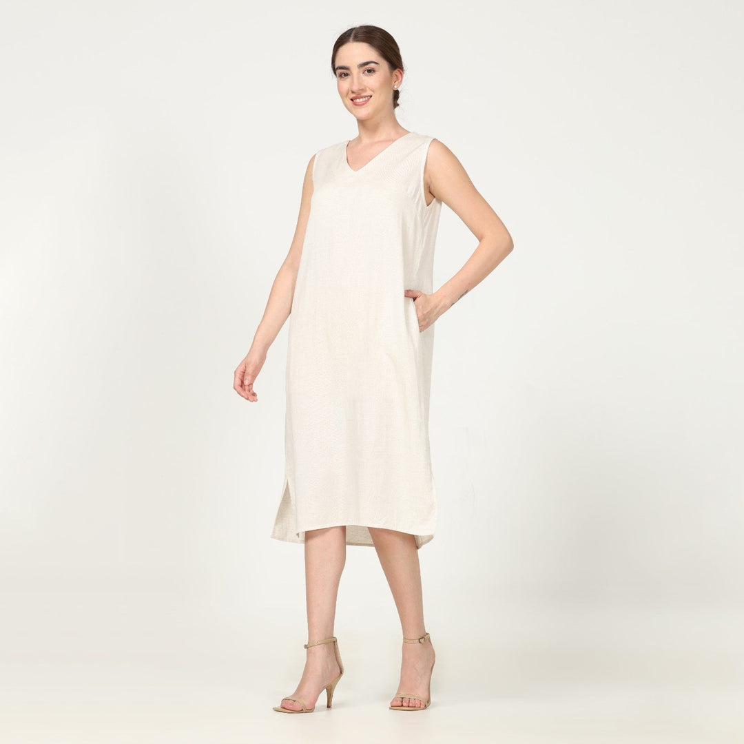 Sleeveless Shift Tunic V Neck Dress In Off-White | Linen | Hand-Crafted