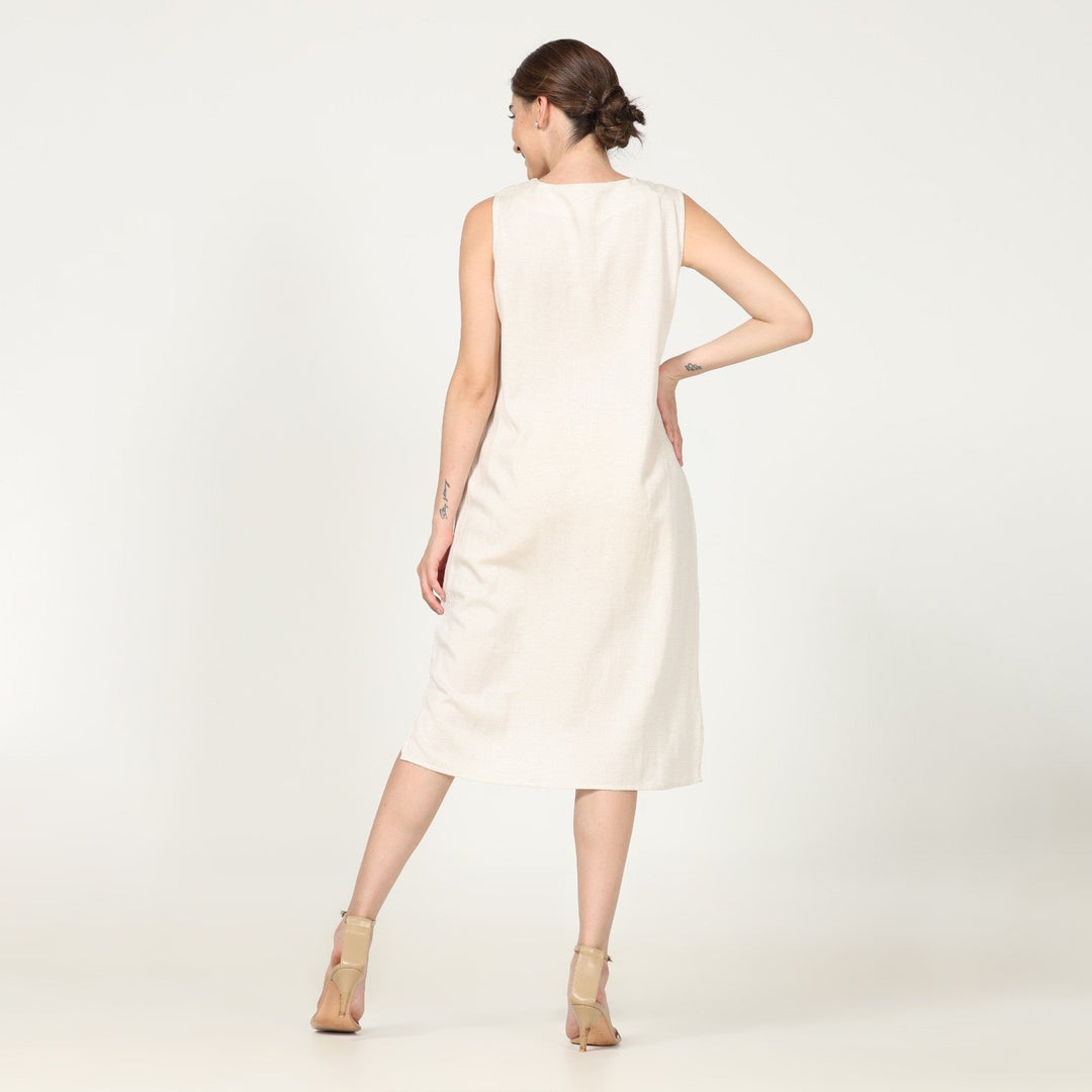 Sleeveless Shift Tunic V Neck Dress In Off-White | Linen | Hand-Crafted