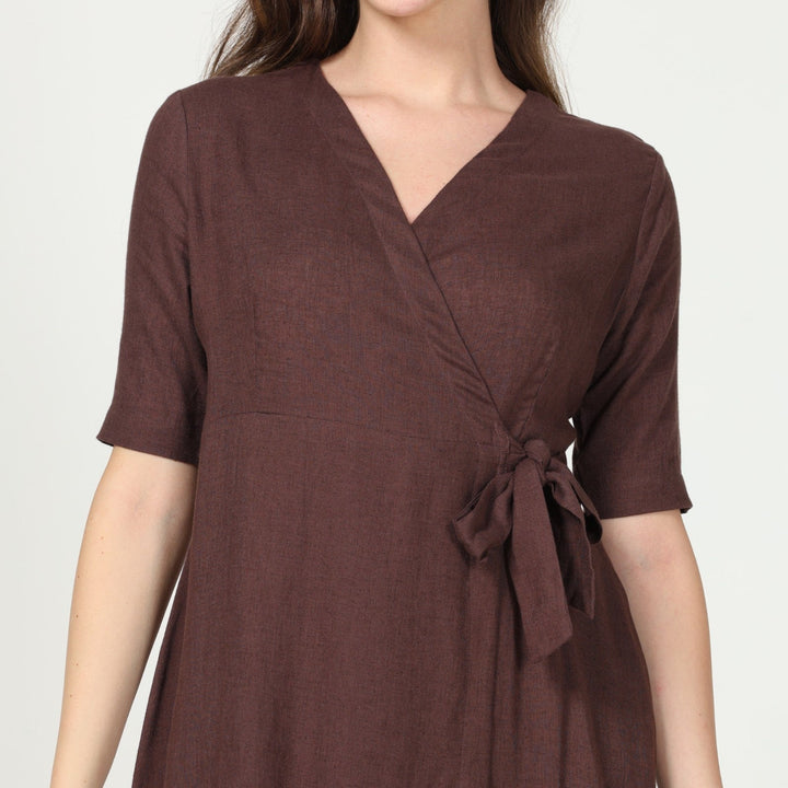 Coffee Brown Knee Length Wrap Dress | Linen Modal | Minimalist