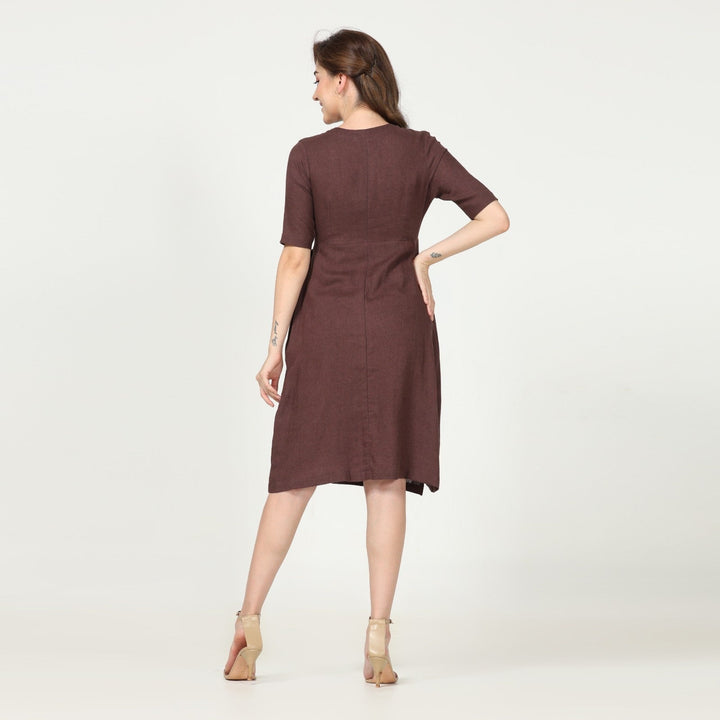 Coffee Brown Knee Length Wrap Dress | Linen Modal | Minimalist