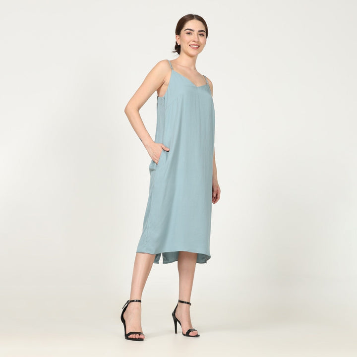 Powder Blue Women's Chic Slip On Strappy Dress | Effortless Elegance