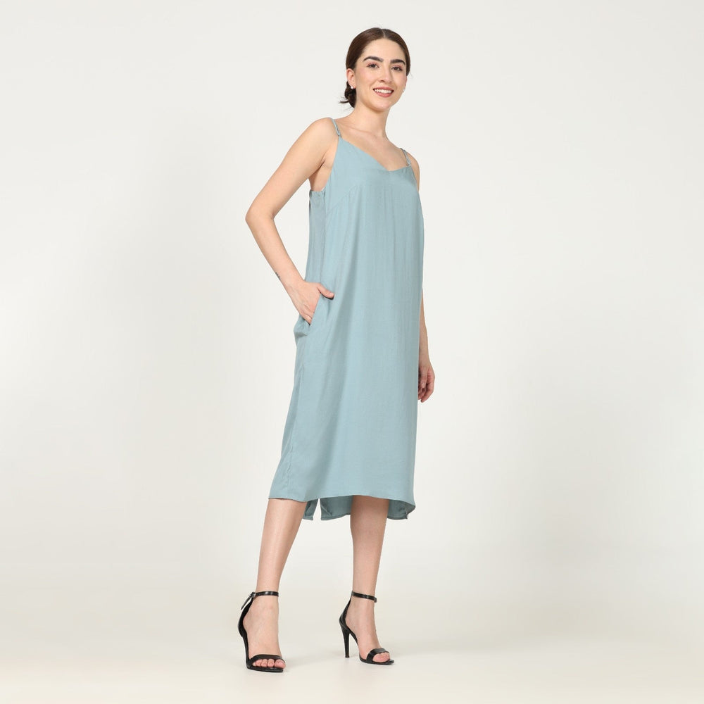 Black Overlay With Strappy Dress In Pastel Blue | Hand-Crafted